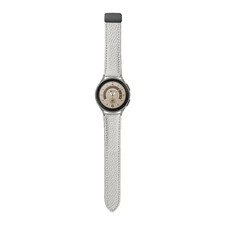 適用於 Samsung Galaxy Watch5 40mm / 44mm 荔枝紋真皮錶帶，黑色錶扣、銀色錶扣