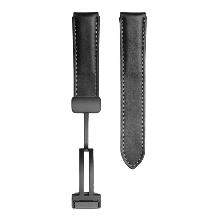 適用於 Samsung Galaxy Watch5 40mm / 44mm 純色織紋真皮錶帶，黑色錶扣、銀色錶扣