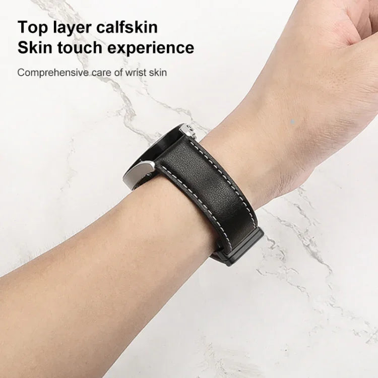 適用於 Samsung Galaxy Watch5 40mm / 44mm 純色織紋真皮錶帶，黑色錶扣、銀色錶扣