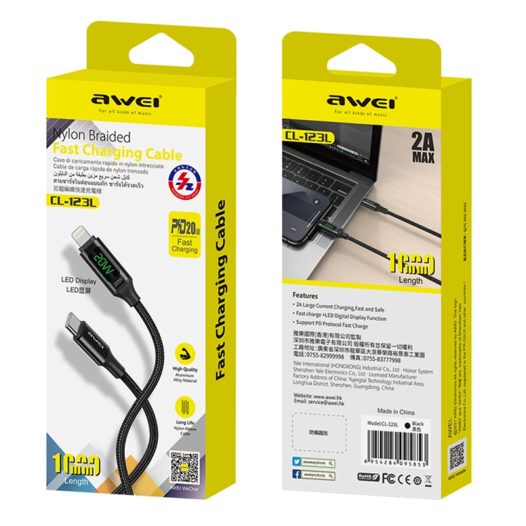 awei CL-123L 1m USB-C / Type-C 轉 8Pin 數位顯示數據快充線，CL-123L