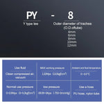 PY-14 LAIZE 2個塑料Y型三通減徑氣動快速接頭，PY-4（10個），PY-6（10個），PY-8（10個），PY-10（10個），PY-12（10個），PY-14（2個），PY-16（2個）