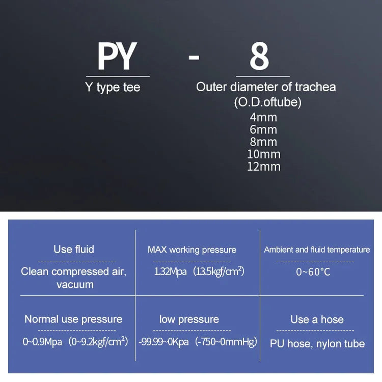 PY-14 LAIZE 2個塑料Y型三通減徑氣動快速接頭，PY-4（10個），PY-6（10個），PY-8（10個），PY-10（10個），PY-12（10個），PY-14（2個），PY-16（2個）