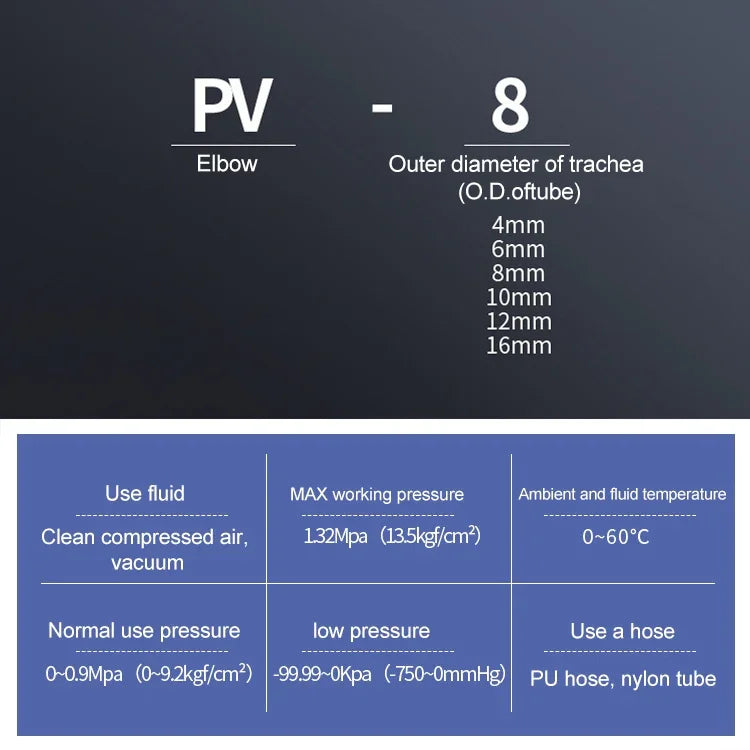 LAIZE 10 件塑膠彎頭氣動快速接頭，PV-4，PV-6，PV-8，PV-10，PV-12，PV-14，PV-16