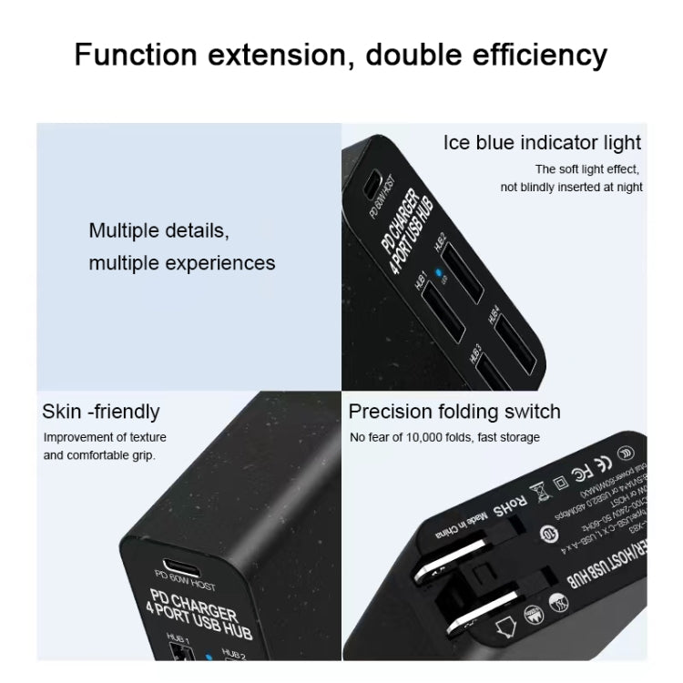 X83 65W 輸出 USB-C / Type-C + 四埠 USB HUB PD 充電器，美規插頭，X83