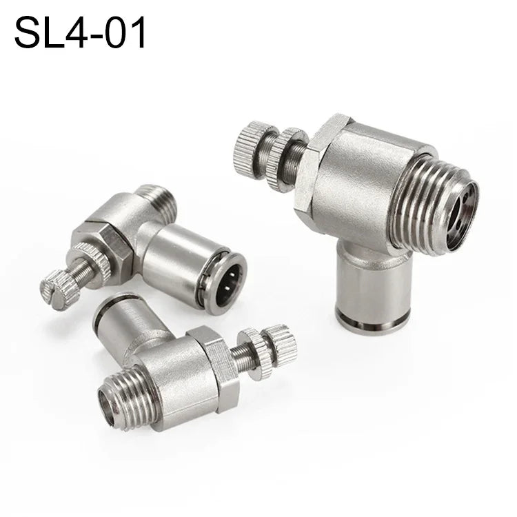 LAIZE 鎳鍍銅公螺紋節流閥氣動接頭，SL4-01、SL4-02、SL4-M5、SL6-01、SL6-02、SL6-03、SL6-04、SL6-M5、SL8-01、SL8-02、SL8-03、SL8-04、SL10-01、SL10-02、SL10-03、SL10-04、SL12-02、SL12-03、SL12-04