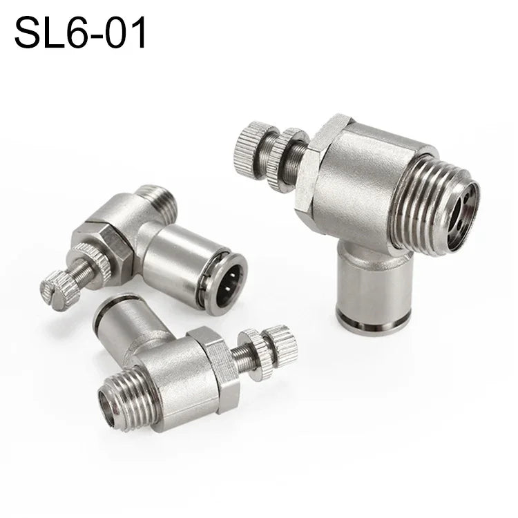 LAIZE 鎳鍍銅公螺紋節流閥氣動接頭，SL4-01、SL4-02、SL4-M5、SL6-01、SL6-02、SL6-03、SL6-04、SL6-M5、SL8-01、SL8-02、SL8-03、SL8-04、SL10-01、SL10-02、SL10-03、SL10-04、SL12-02、SL12-03、SL12-04