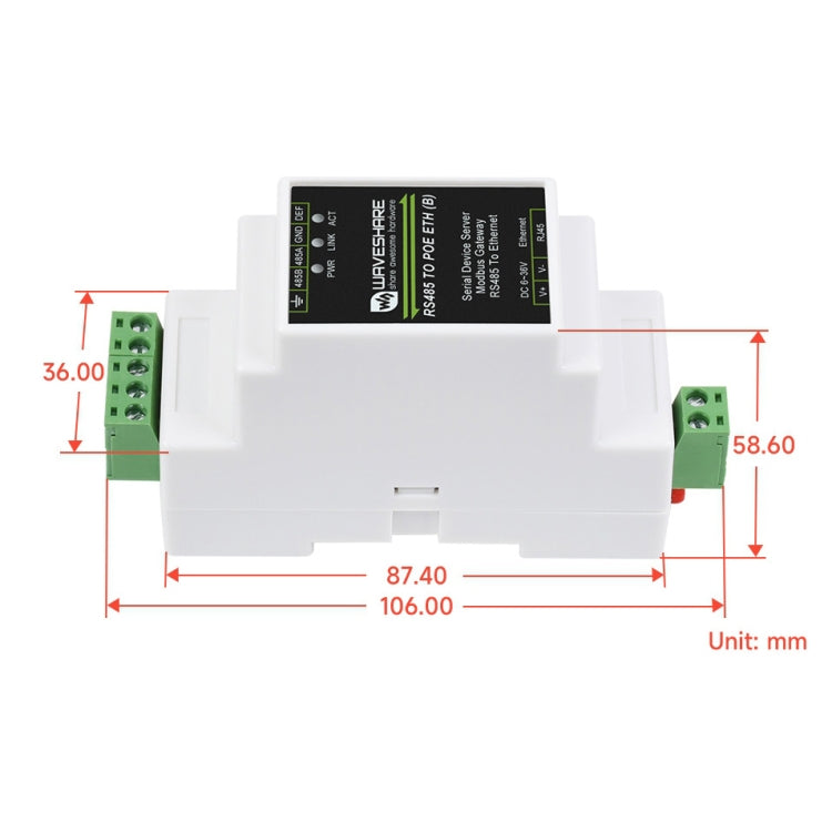 Waveshare 導軌 RS485 至 RJ45 串口伺服器，帶 POE 功能，23273