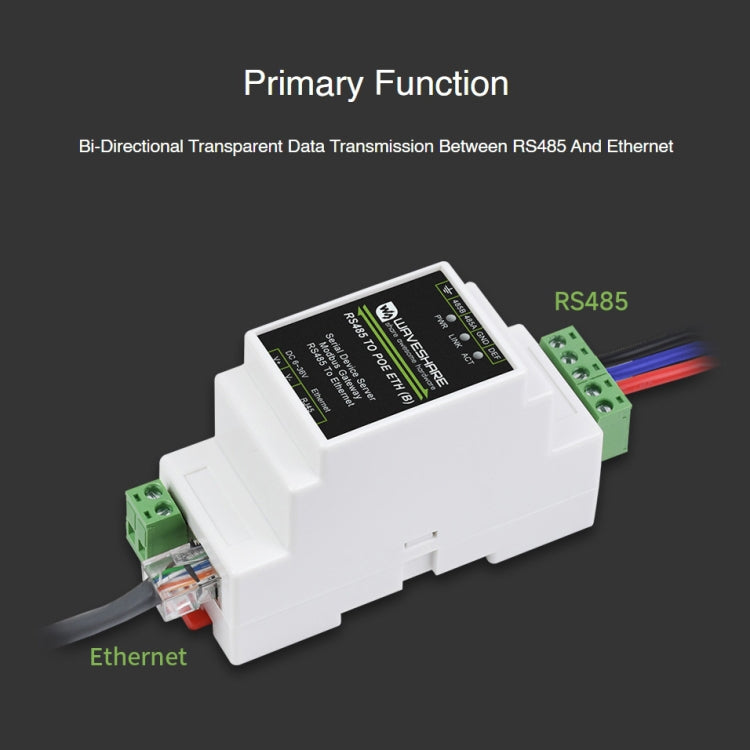 Waveshare 導軌 RS485 至 RJ45 串口伺服器，帶 POE 功能，23273