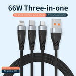 ADC-008 66W USB 轉 USB-C/Type-C + 8 Pin + Micro USB 三合一全兼容快速充電數據線，1.2米，2米
