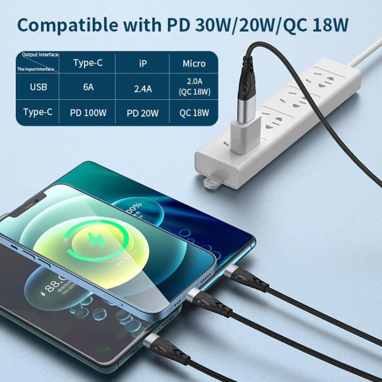 ADC-008 66W USB 轉 USB-C/Type-C + 8 Pin + Micro USB 三合一全兼容快速充電數據線，1.2米，2米