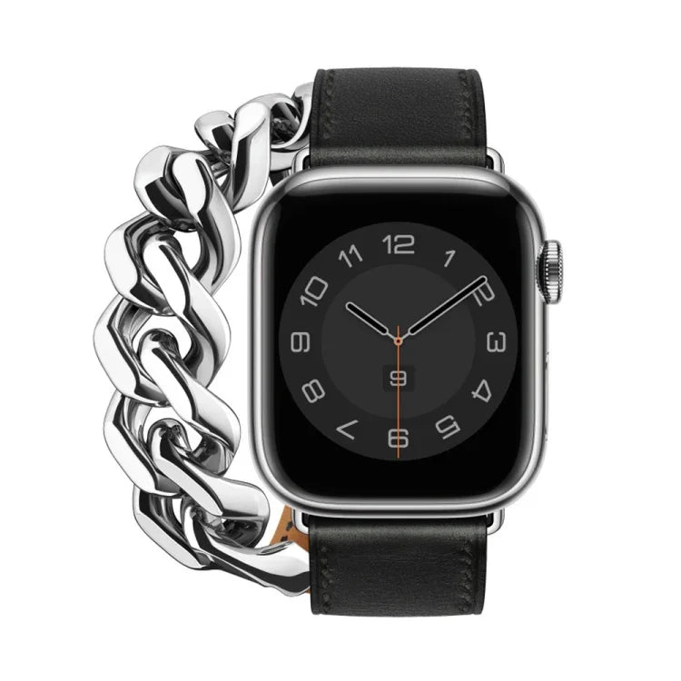 Double Loop Genuine Leather Stainless Steel Watch Band, For Apple Watch Ultra 49mm / Series 8&7 45mm, For Apple Watch Series 8&7 41mm