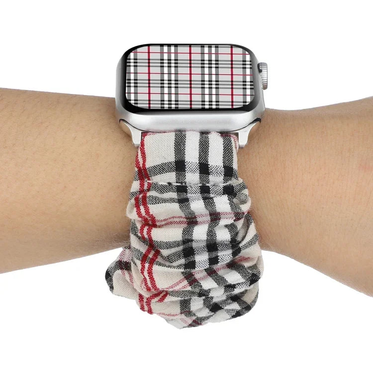 格紋花紋布料髮圈錶帶，適用於 Apple Watch Ultra 49mm / Series 8&7 45mm / SE 2&6&SE&5&4 44mm / 3&2&1 42mm，適用於 Apple Watch Series 8&7 41mm / SE 2&6&SE&5&4 40mm / 3&2&1 38mm