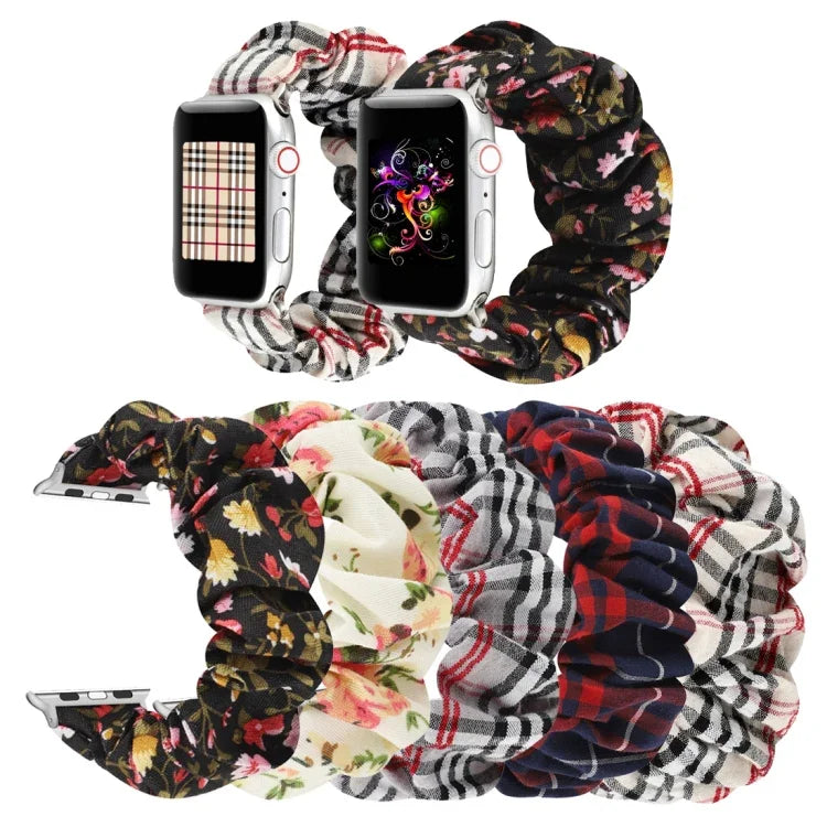 格紋花紋布料髮圈錶帶，適用於 Apple Watch Ultra 49mm / Series 8&7 45mm / SE 2&6&SE&5&4 44mm / 3&2&1 42mm，適用於 Apple Watch Series 8&7 41mm / SE 2&6&SE&5&4 40mm / 3&2&1 38mm