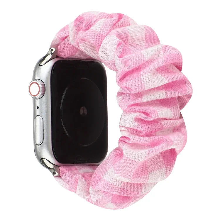 格紋布料＋不鏽鋼髮圈錶帶，適用於 Apple Watch Series 7 41mm / 6 & SE & 5 & 4 40mm / 3 & 2 & 1 38mm，適用於 Apple Watch Series 7 45mm / 6 & SE & 5 & 4 44mm / 3 & 2 & 1 42mm