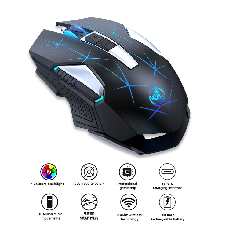 HXSJ T300 7鍵 2400DPI 2.4G 彩色發光無線滑鼠，T300 黑色