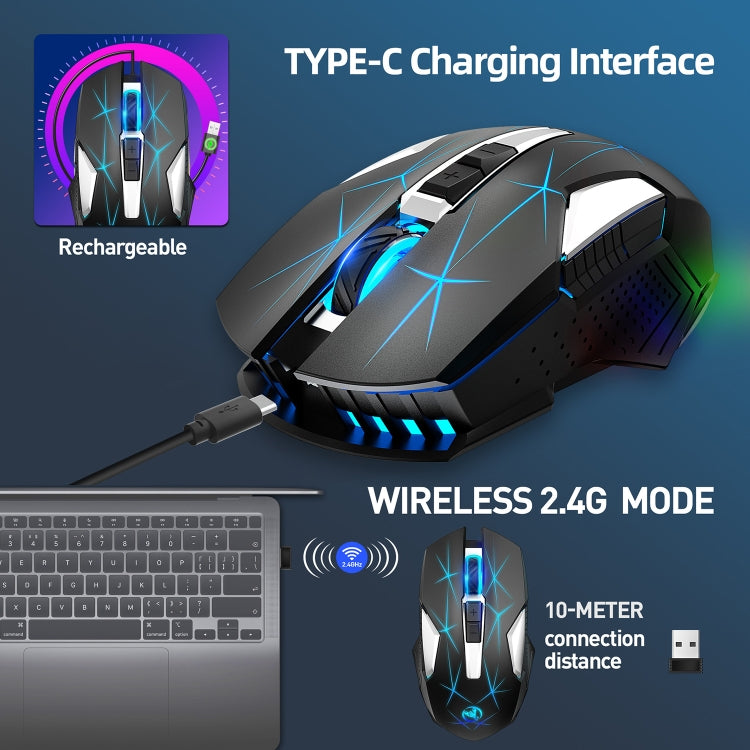 HXSJ T300 7鍵 2400DPI 2.4G 彩色發光無線滑鼠，T300 黑色