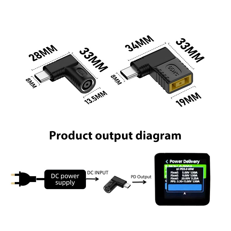 65W 直流輸入轉 USB-C / Type-C PD 電源轉接器，7.9x0.9毫米、7.4x0.6毫米，適用 Lenovo 方形接口，6.5x1.4毫米、6.3x3.0毫米、5.5x2.5毫米、5.5x2.1毫米、5.5x1.7毫米、5.5x1.0毫米、4.8x1.7毫米、4.0x1.7毫米、4.0x13.5毫米、4.5x0.6毫米、3.5x1.35毫米、2.5x0.7毫米、6.0x3.7毫米、3.0x1.1毫米
