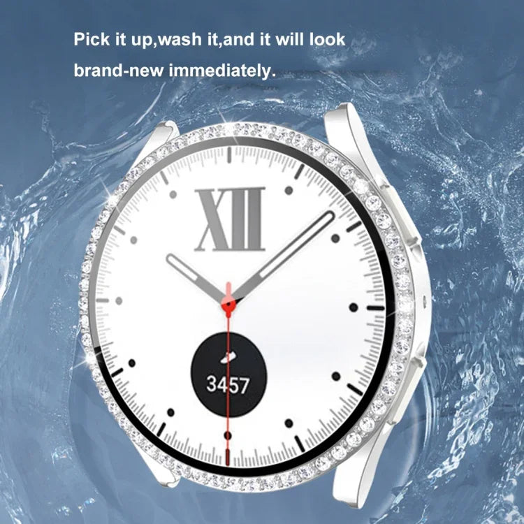 單排鑽石 PC + 鋼化玻璃手錶殼，適用於 Samsung Galaxy Watch5 44mm
