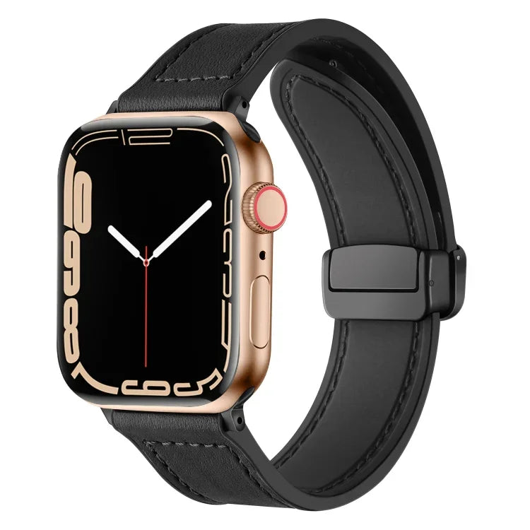 磁吸摺疊矽膠皮革錶帶，適用於 Apple Watch Ultra 49mm / Series 8&7 45mm / SE 2&6&SE&5&4 44mm / 3&2&1 42mm，適用於 Apple Watch Ultra 49mm