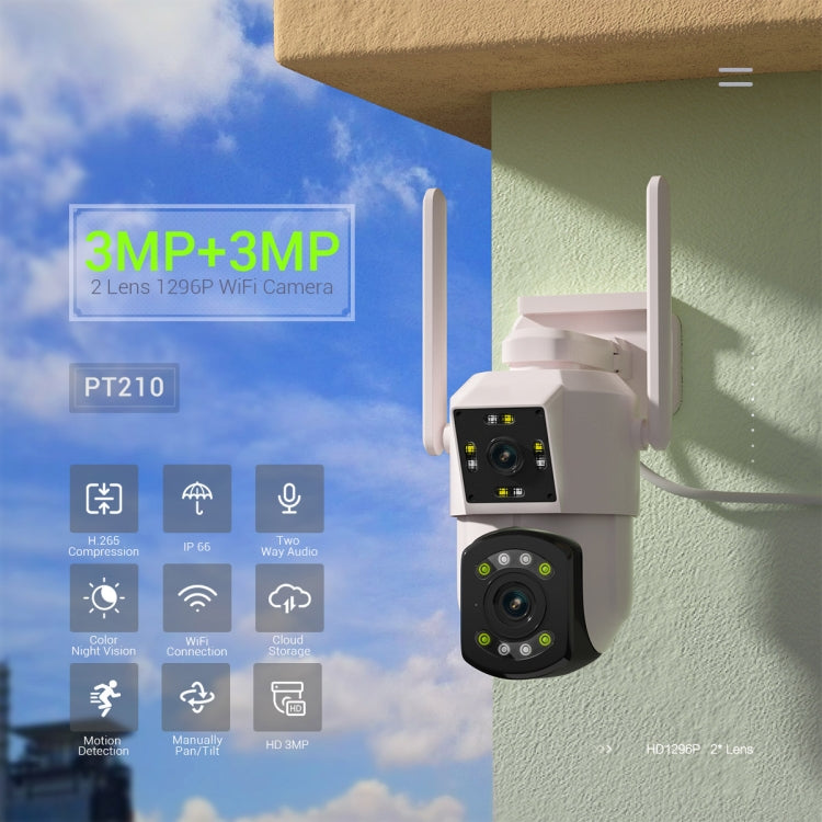 ESCAM PT210 2x3MP 雙鏡頭雙螢幕監視 WiFi 攝影機，支援雙向語音、動態偵測及雲端儲存，PT210
