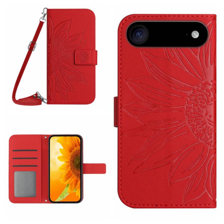 Skin Feel 向日葵壓紋翻蓋皮革手機殼附掛繩，適用於 iPhone Air、iPhone 16 Pro Max、iPhone 16 Pro、iPhone 16 Plus