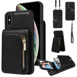 斜背掛繩拉鍊錢包皮革手機殼，適用於 iPhone XS Max、iPhone 7 Plus / 8 Plus