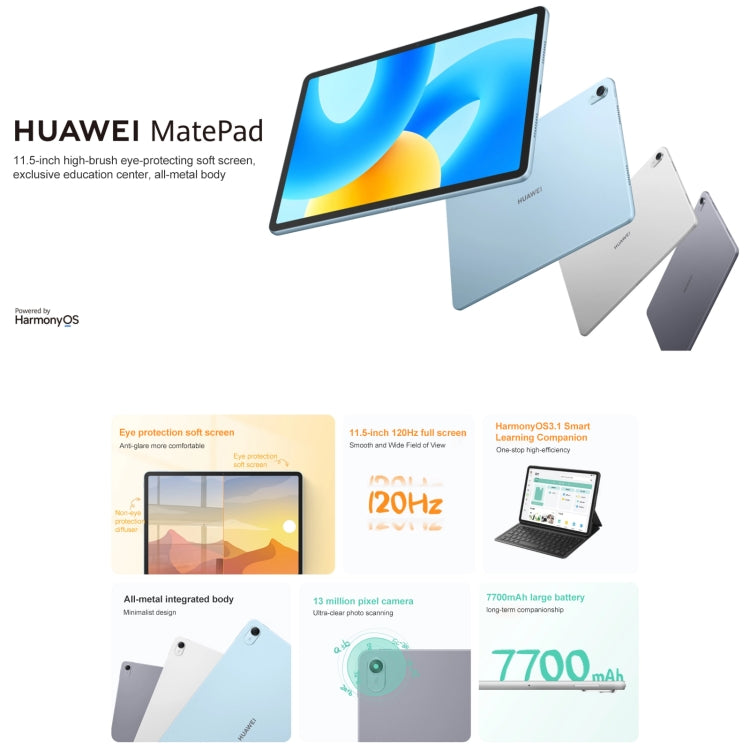 HUAWEI MatePad 11.5 吋 2023 WIFI，HarmonyOS 3.1 Qualcomm Snapdragon 7 Gen 1 八核心，不支援 Google Play，8GB+128GB、8GB+256GB、8GB+128GB 防眩光螢幕、8GB+256GB 防眩光螢幕