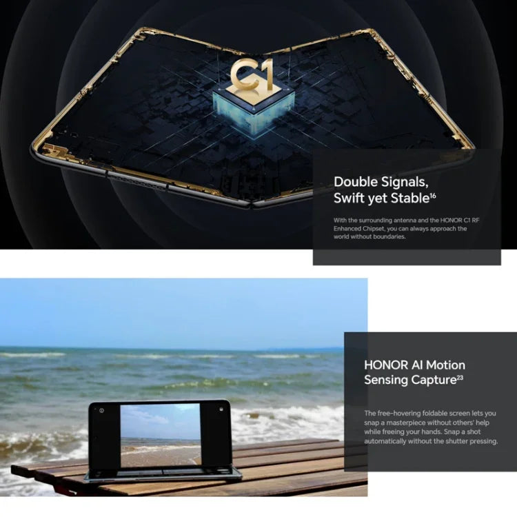 Honor Magic V2 Ultimate 5G，7.92 吋 + 6.43 吋 MagicOS 7.2 Snapdragon 8 Gen2 八核心最高 3.36GHz，網絡：5G，OTG，不支援 Google Play，16GB+1TB