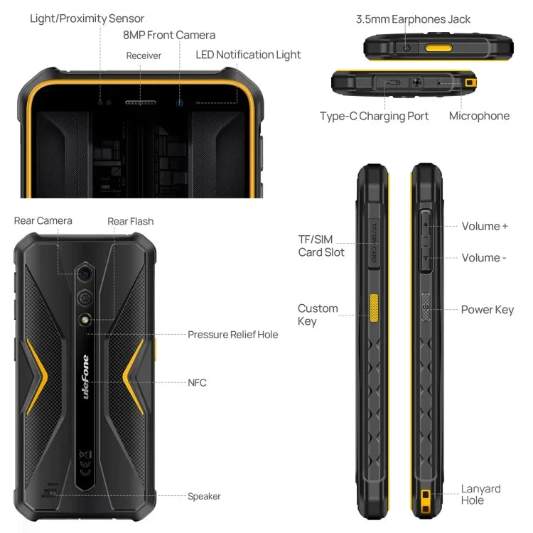 Ulefone Armor X12 Pro，IP68/IP69K 堅固型手機，5.45 吋 Android 15 MediaTek Helio G36 八核心，網絡：4G，NFC，4GB+64GB