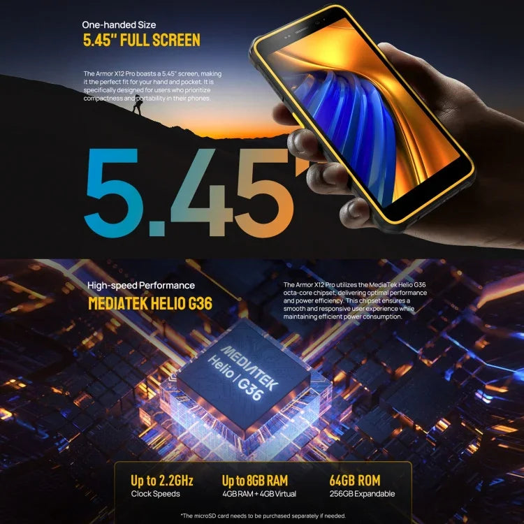 Ulefone Armor X12 Pro，IP68/IP69K 堅固型手機，5.45 吋 Android 15 MediaTek Helio G36 八核心，網絡：4G，NFC，4GB+64GB