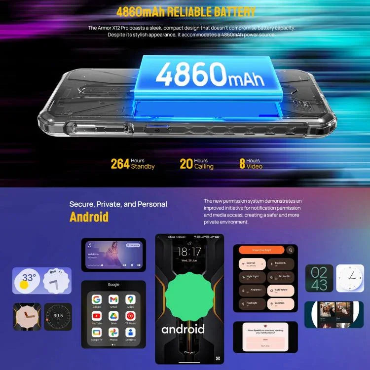 Ulefone Armor X12 Pro，IP68/IP69K 堅固型手機，5.45 吋 Android 15 MediaTek Helio G36 八核心，網絡：4G，NFC，4GB+64GB