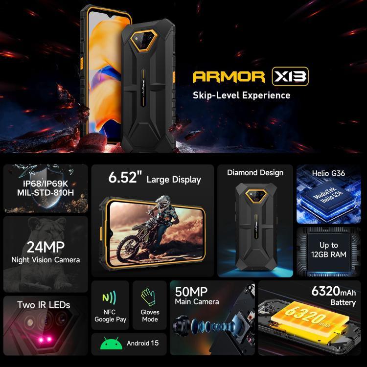 Ulefone Armor X13，IP68/IP69K 堅固型手機，6.52 吋 Android 15 MediaTek Helio G36 八核心，網絡：4G，NFC，OTG，6GB+64GB