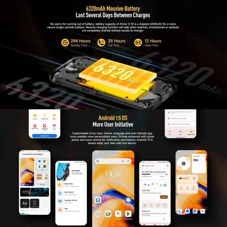 Ulefone Armor X13，IP68/IP69K 堅固型手機，6.52 吋 Android 15 MediaTek Helio G36 八核心，網絡：4G，NFC，OTG，6GB+64GB