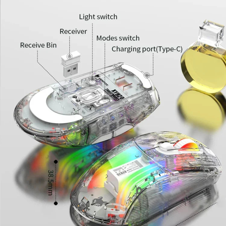 XUNFOX XYH20RGB 2.4G + 藍牙 + 有線透明 2400DPI RGB 燈光遊戲滑鼠，2.4G + 藍牙 + 有線