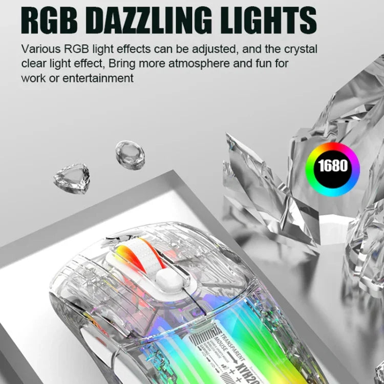 XUNFOX XYH20RGB 2.4G + 藍牙 + 有線透明 2400DPI RGB 燈光遊戲滑鼠，2.4G + 藍牙 + 有線
