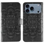 太陽曼陀羅壓紋皮革手機殼，適用於 iPhone 16e / 17e、iPhone 17 Pro Max、iPhone 17 Pro、iPhone 17、iPhone Air、iPhone 15 Pro Max