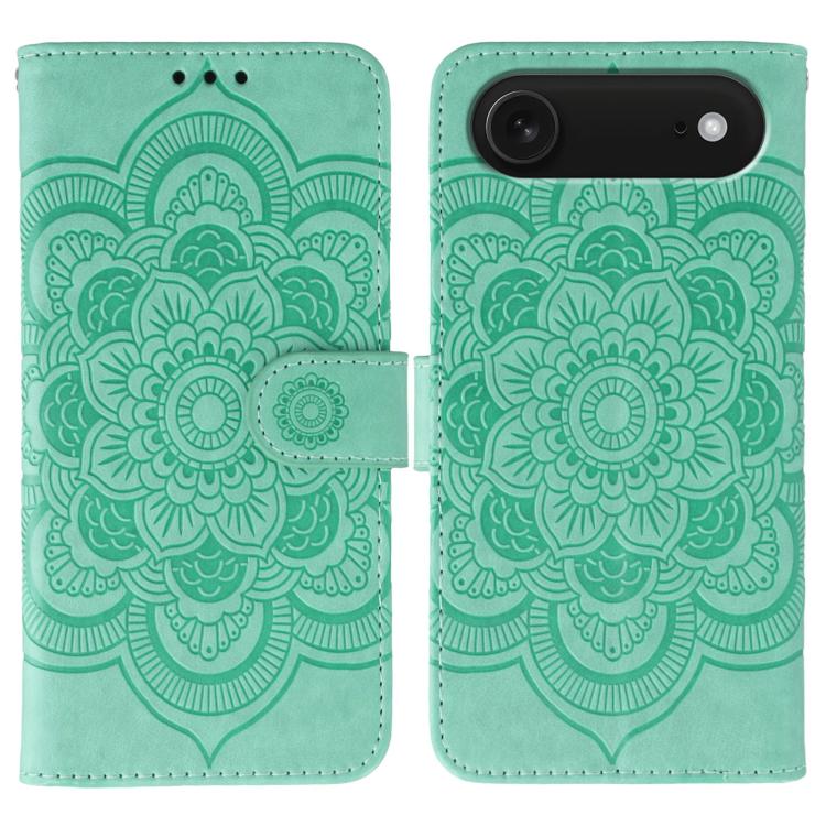 太陽曼陀羅壓紋皮革手機殼，適用於 iPhone 16e / 17e、iPhone 17 Pro Max、iPhone 17 Pro、iPhone 17、iPhone Air、iPhone 15 Pro Max