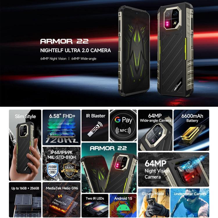 Ulefone Armor 22，IP68/IP69K 堅固型手機，6.58 吋 Android 15 MediaTek Helio G96 八核心，網絡：4G，NFC，OTG，8GB+128GB，8GB+256GB