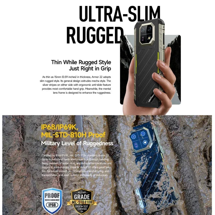 Ulefone Armor 22，IP68/IP69K 堅固型手機，6.58 吋 Android 15 MediaTek Helio G96 八核心，網絡：4G，NFC，OTG，8GB+128GB，8GB+256GB