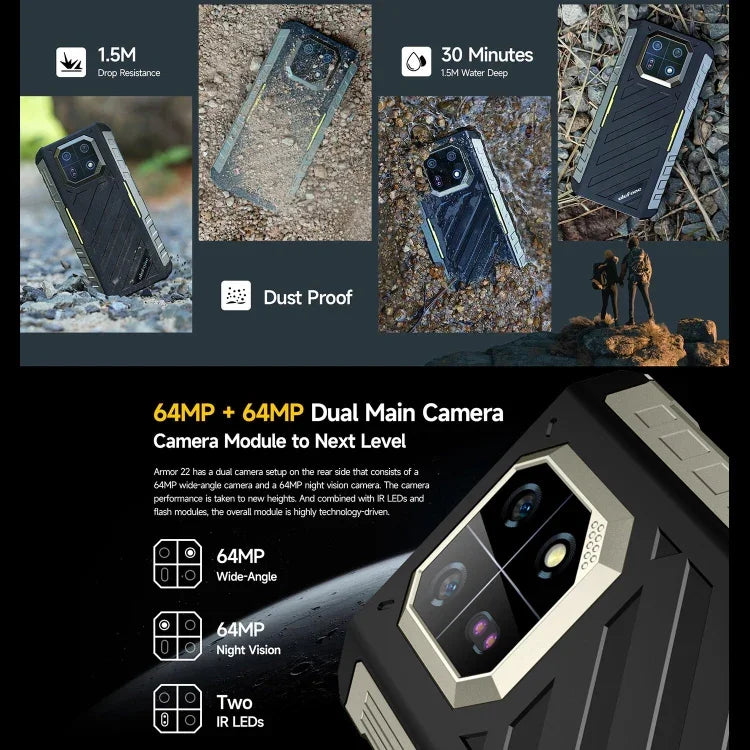 Ulefone Armor 22，IP68/IP69K 堅固型手機，6.58 吋 Android 15 MediaTek Helio G96 八核心，網絡：4G，NFC，OTG，8GB+128GB，8GB+256GB