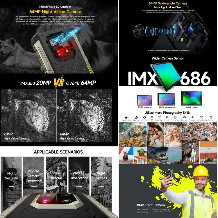 Ulefone Armor 22，IP68/IP69K 堅固型手機，6.58 吋 Android 15 MediaTek Helio G96 八核心，網絡：4G，NFC，OTG，8GB+128GB，8GB+256GB