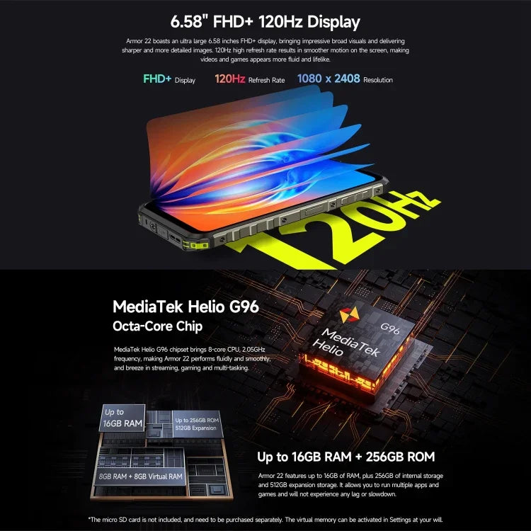 Ulefone Armor 22，IP68/IP69K 堅固型手機，6.58 吋 Android 15 MediaTek Helio G96 八核心，網絡：4G，NFC，OTG，8GB+128GB，8GB+256GB