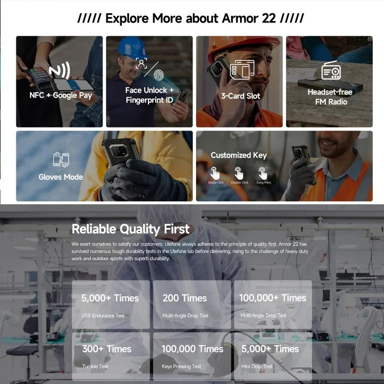 Ulefone Armor 22，IP68/IP69K 堅固型手機，6.58 吋 Android 15 MediaTek Helio G96 八核心，網絡：4G，NFC，OTG，8GB+128GB，8GB+256GB