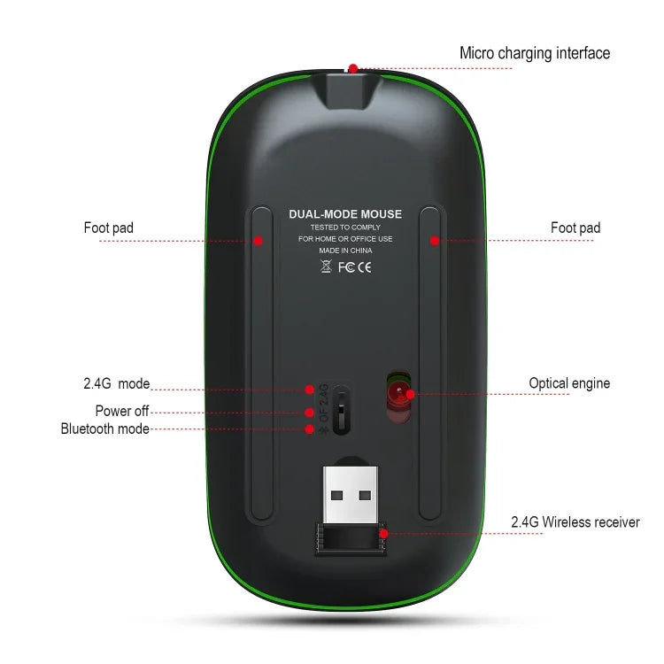 HXSJ T18 2.4GHZ 1600dpi 雙模式發光無線滑鼠 USB + 藍牙 5.1 可充電