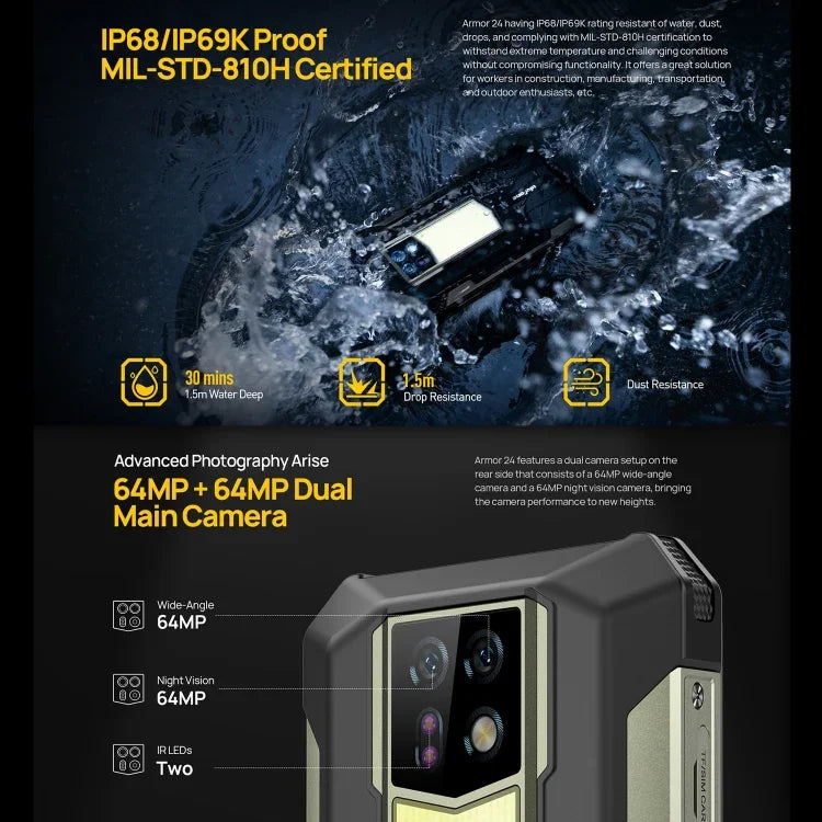 Ulefone Armor 24，堅固型手機，側邊指紋，22000mAh，6.78 吋 Android 14 MediaTek Helio G96 八核心，網絡：4G，NFC，Armor 24