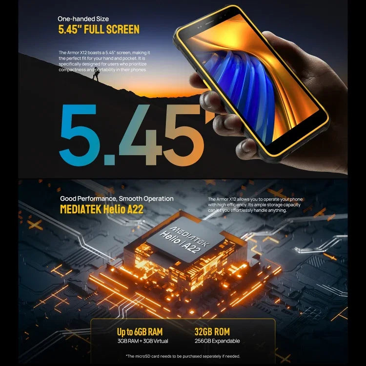 Ulefone Armor X12，堅固型手機，臉部解鎖，5.45 吋 Android 13 Go MediaTek Helio A22 四核心，網絡：4G，NFC，3GB+32GB