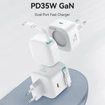 USAMS US-CC202 SMF 系列 PD35W 雙 Type-C 埠 GaN 快充器，歐規插頭