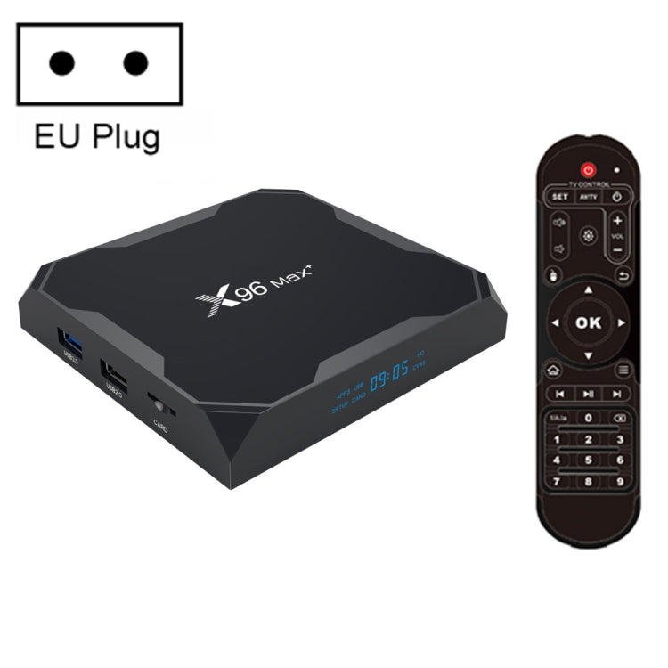 X96 max+ 4K 智能電視盒，安卓 9.0，Amlogic S905X3 四核心 Cortex-A55，4GB+64GB，支援 LAN、AV、2.4G/5G WiFi、雙 USB、TF 卡，歐規插頭、英規插頭、澳規插頭