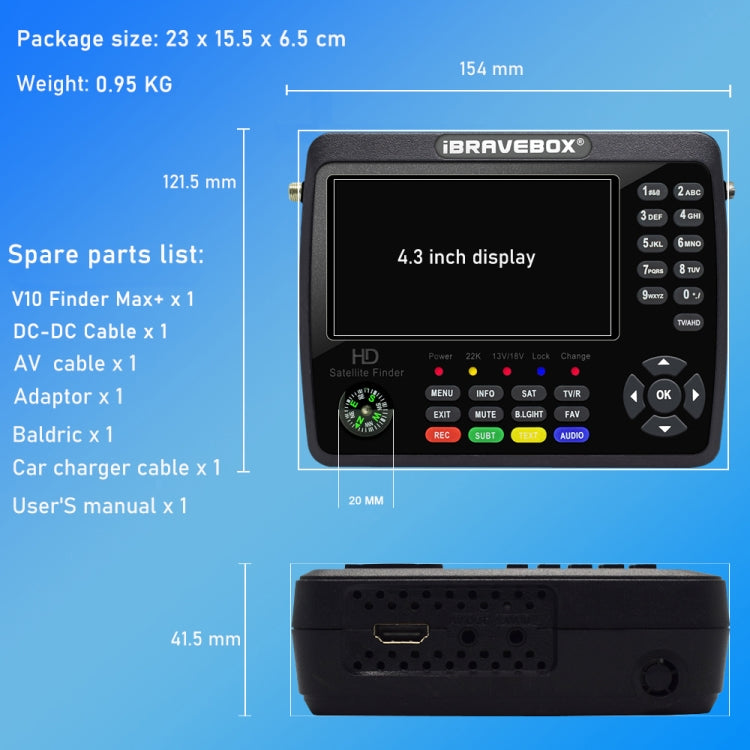 iBRAVEBOX V10 Finder Max+ 4.3吋顯示數位衛星信號儀 支援 DVB-S/S2/S2X AHD, 歐規插頭, 美規插頭, 英規插頭, 澳規插頭