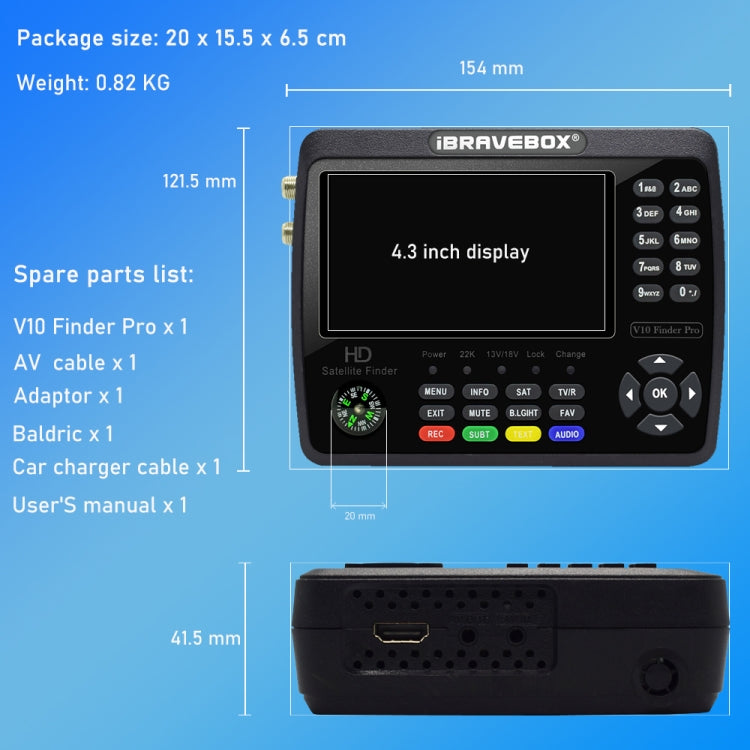 iBRAVEBOX V10 Finder Pro 4.3吋顯示數位衛星信號儀 支援 DVB-S/S2/S2X/T/T2/C, 歐規插頭, 美規插頭, 英規插頭, 澳規插頭